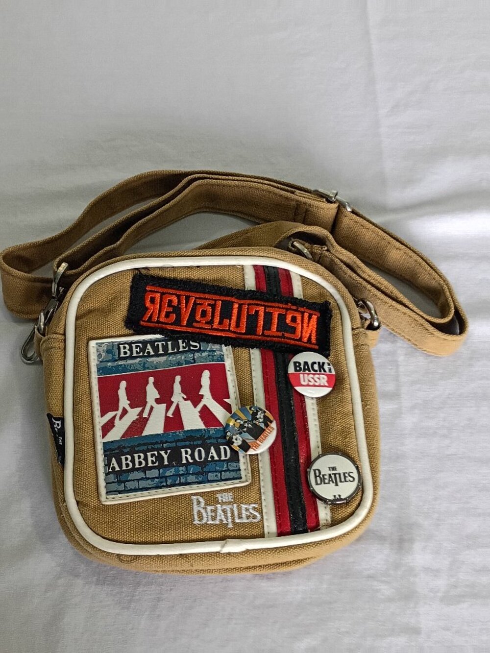 Beatles Cross  body Shoulder Bag Abbey Road Canvas Purse Pins Patches Music Fan